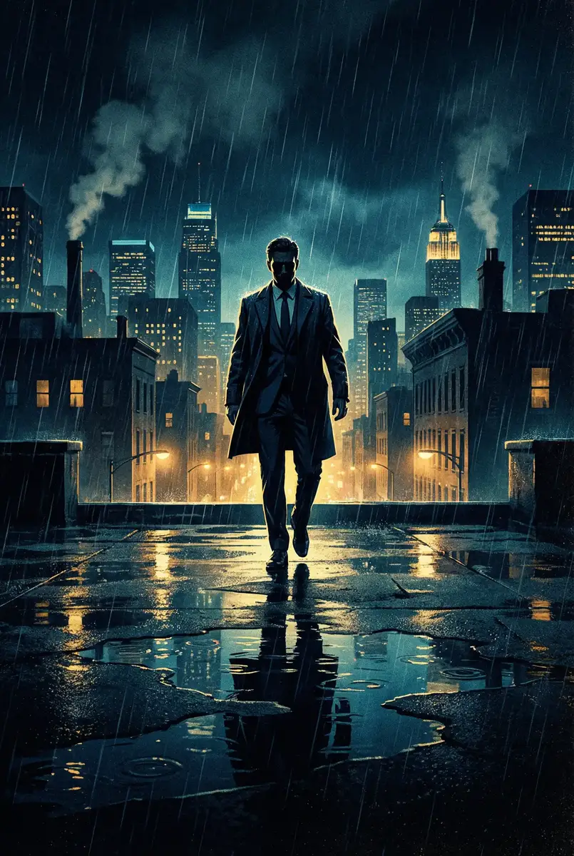 4399高清电影 出品影片《雨夜独行者》海报，雨中城市屋顶男性剪影
